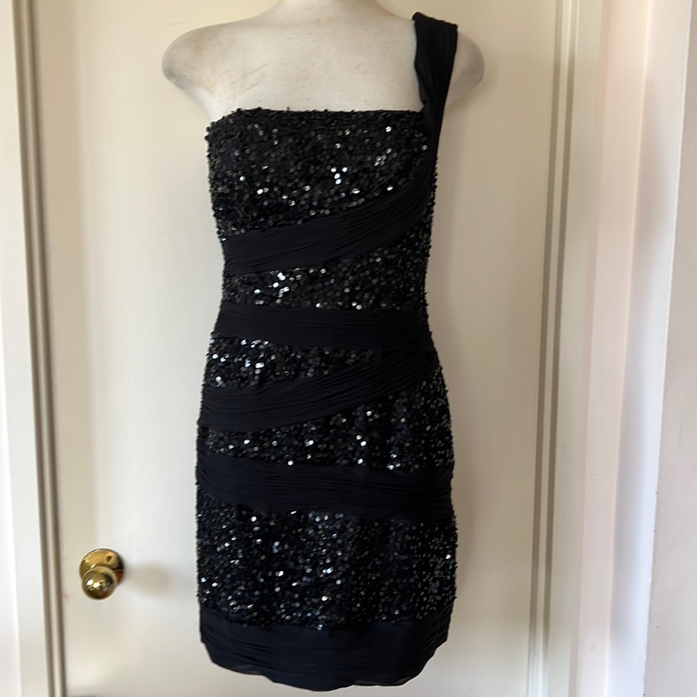 💕Marc Bouwer Black Silk Sequin Couture One Shoulder Dress 12 EUC